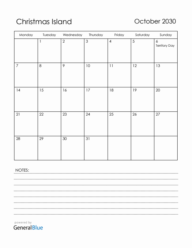 October 2030 Christmas Island Calendar with Holidays (Monday Start)