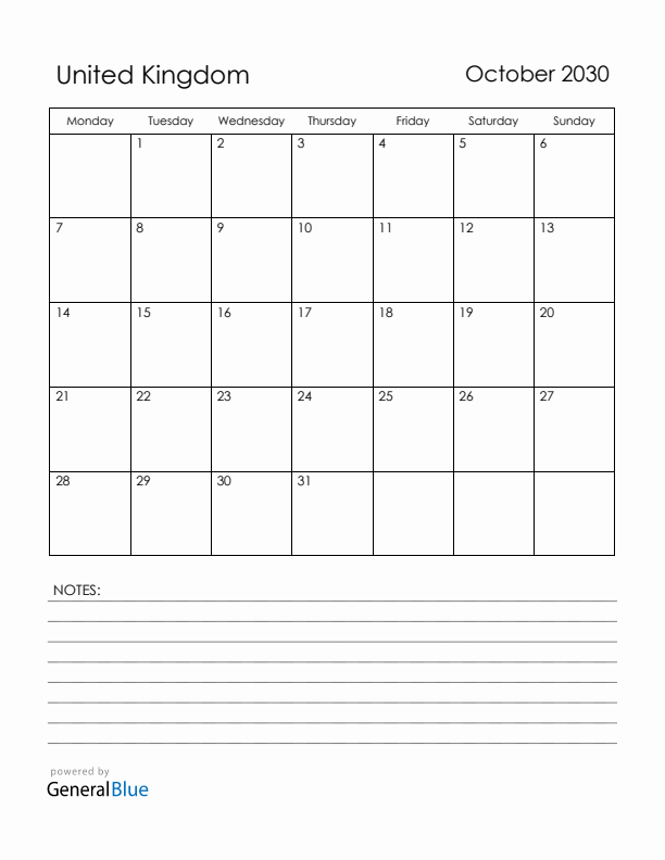 October 2030 United Kingdom Calendar with Holidays (Monday Start)
