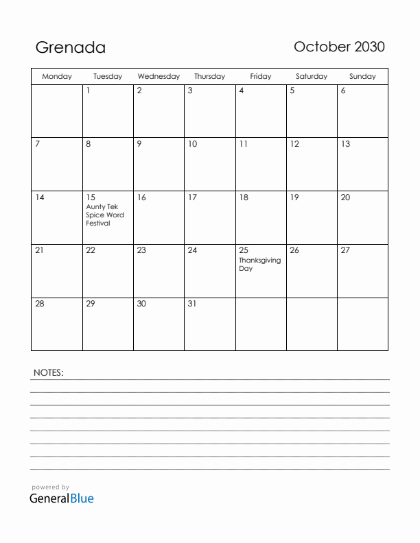 October 2030 Grenada Calendar with Holidays (Monday Start)