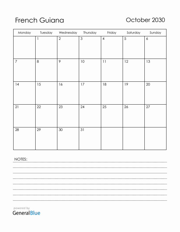 October 2030 French Guiana Calendar with Holidays (Monday Start)