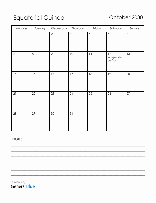 October 2030 Equatorial Guinea Calendar with Holidays (Monday Start)