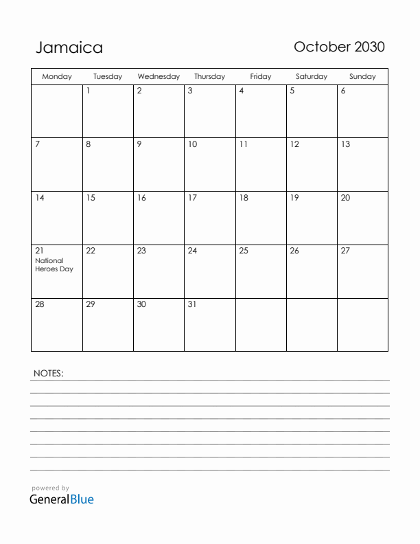 October 2030 Jamaica Calendar with Holidays (Monday Start)