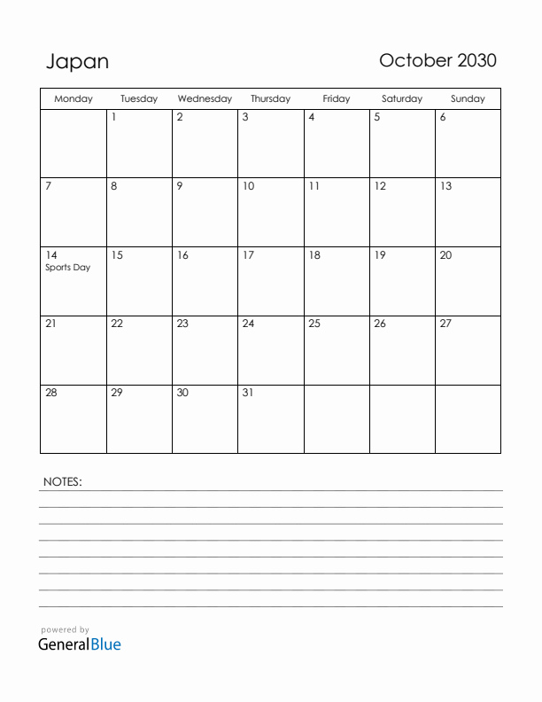 October 2030 Japan Calendar with Holidays (Monday Start)