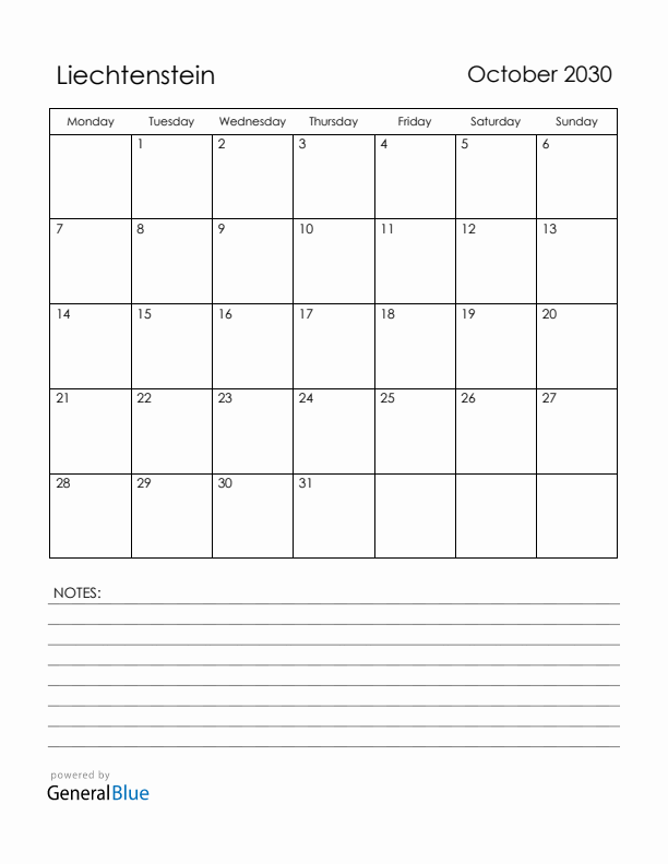 October 2030 Liechtenstein Calendar with Holidays (Monday Start)