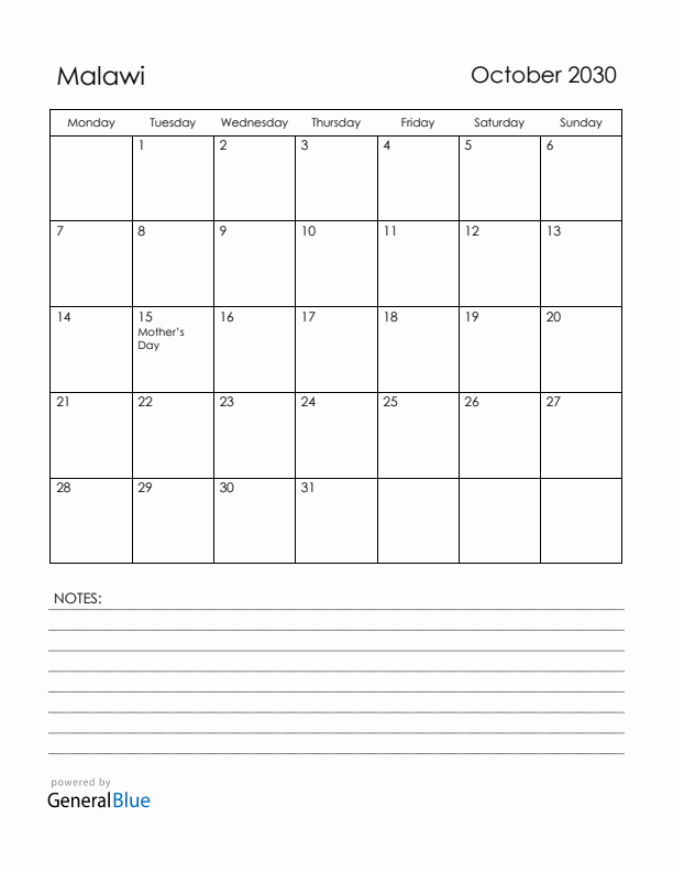 October 2030 Malawi Calendar with Holidays (Monday Start)