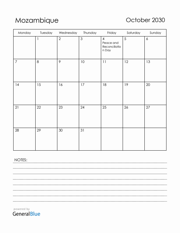 October 2030 Mozambique Calendar with Holidays (Monday Start)