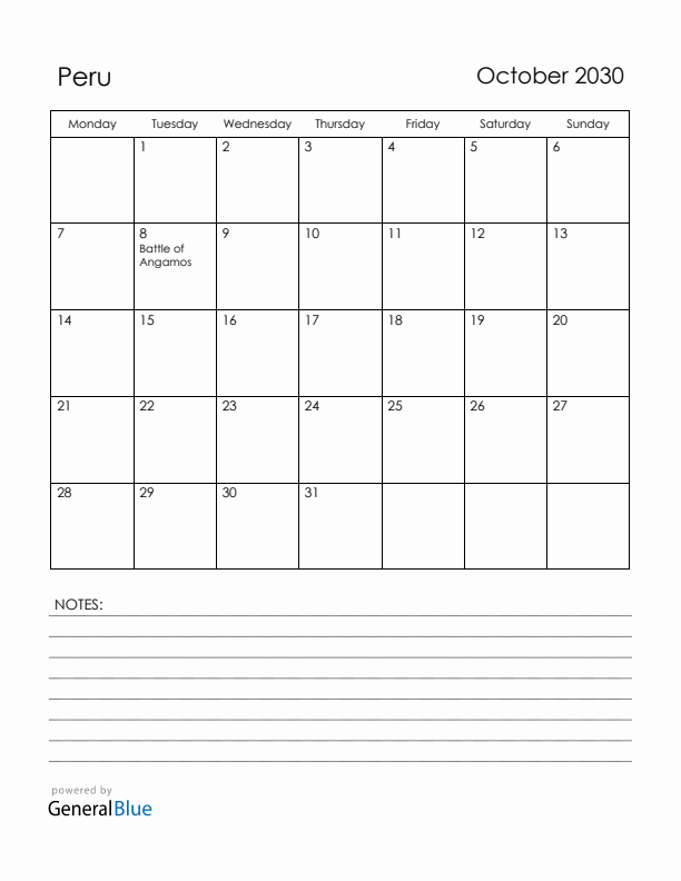 October 2030 Peru Calendar with Holidays (Monday Start)