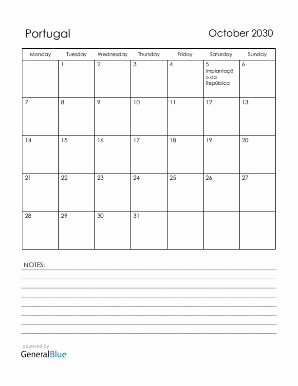 October 2030 Portugal Calendar with Holidays (Monday Start)