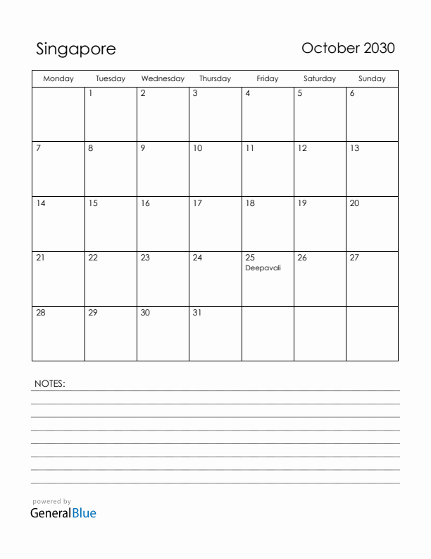 October 2030 Singapore Calendar with Holidays (Monday Start)