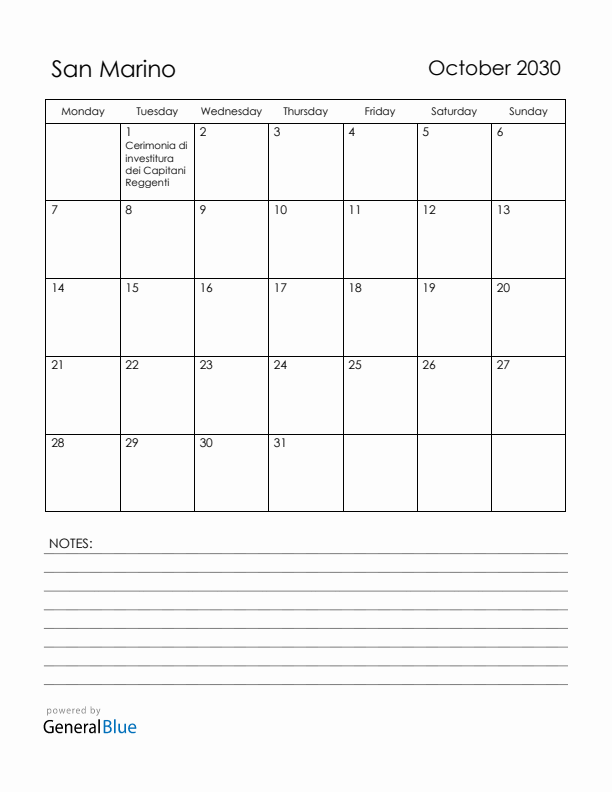 October 2030 San Marino Calendar with Holidays (Monday Start)