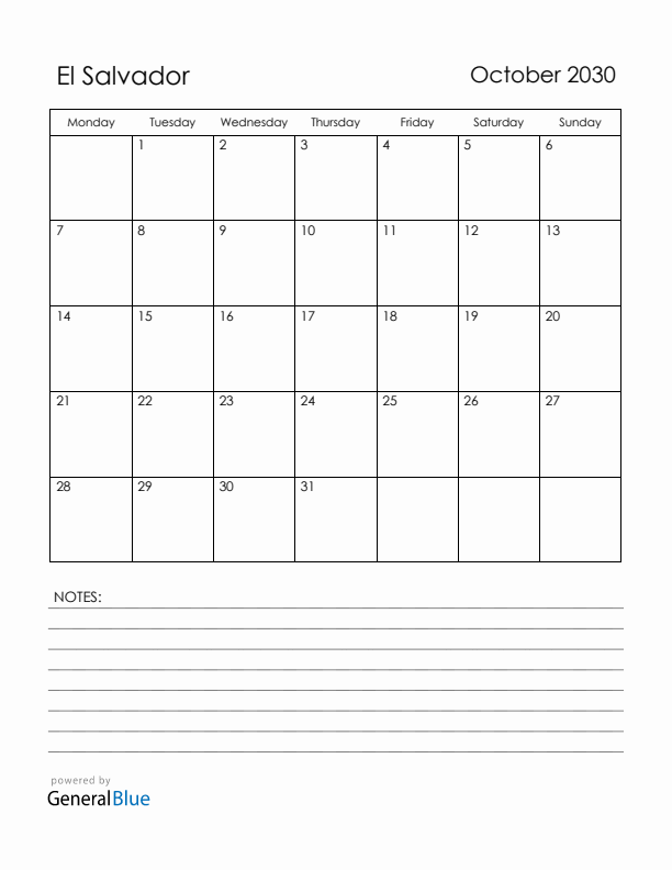 October 2030 El Salvador Calendar with Holidays (Monday Start)