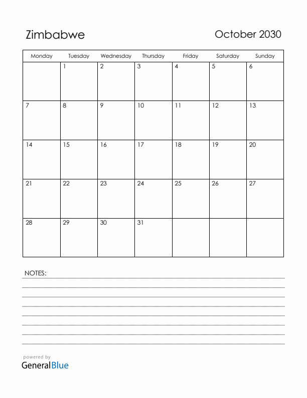 October 2030 Zimbabwe Calendar with Holidays (Monday Start)
