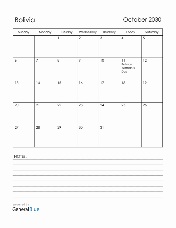 October 2030 Bolivia Calendar with Holidays (Sunday Start)