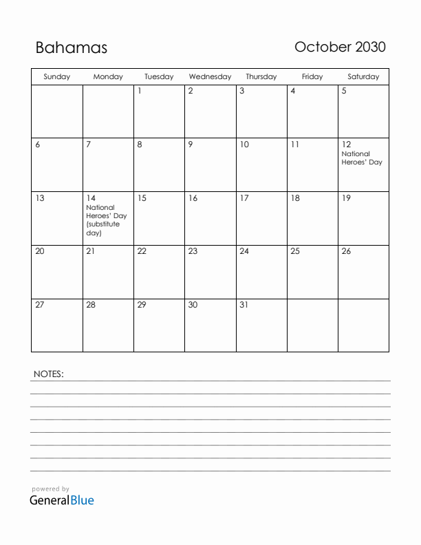October 2030 Bahamas Calendar with Holidays (Sunday Start)