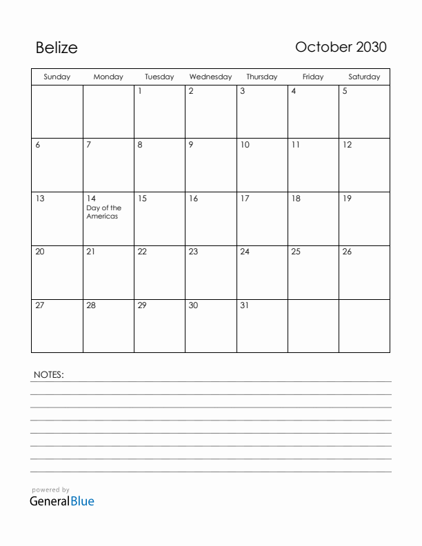 October 2030 Belize Calendar with Holidays (Sunday Start)
