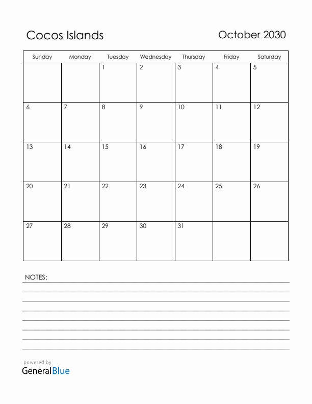 October 2030 Cocos Islands Calendar with Holidays (Sunday Start)