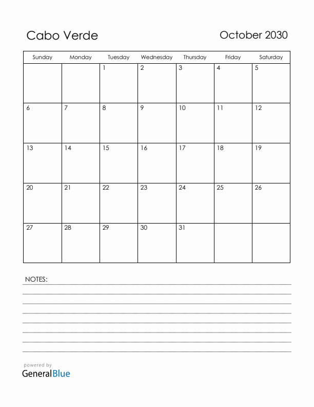 October 2030 Cabo Verde Calendar with Holidays (Sunday Start)