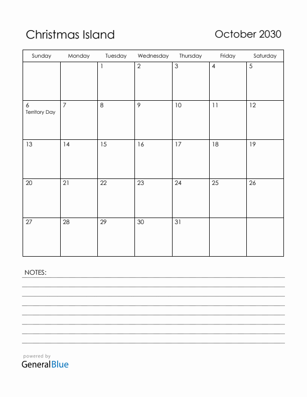 October 2030 Christmas Island Calendar with Holidays (Sunday Start)
