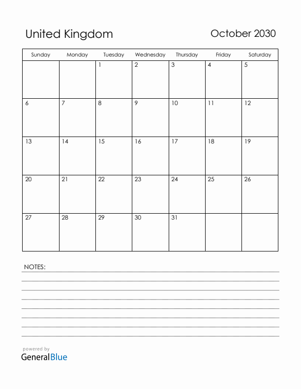 October 2030 United Kingdom Calendar with Holidays (Sunday Start)