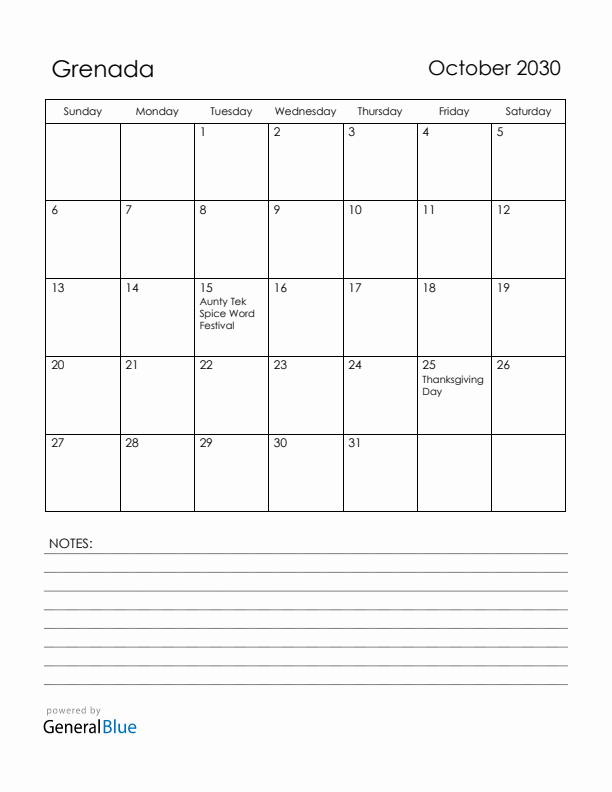 October 2030 Grenada Calendar with Holidays (Sunday Start)