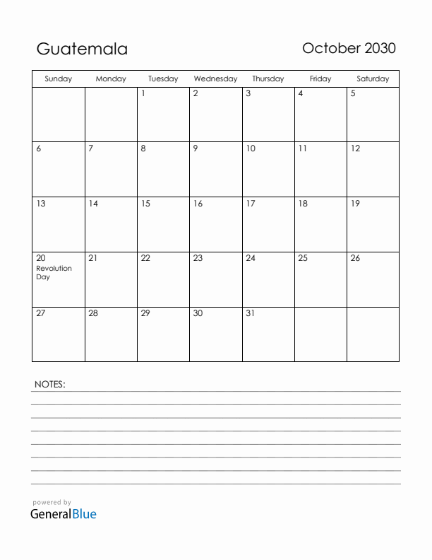 October 2030 Guatemala Calendar with Holidays (Sunday Start)