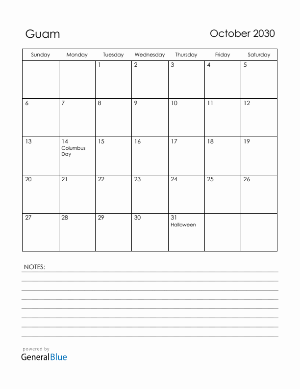 October 2030 Guam Calendar with Holidays (Sunday Start)