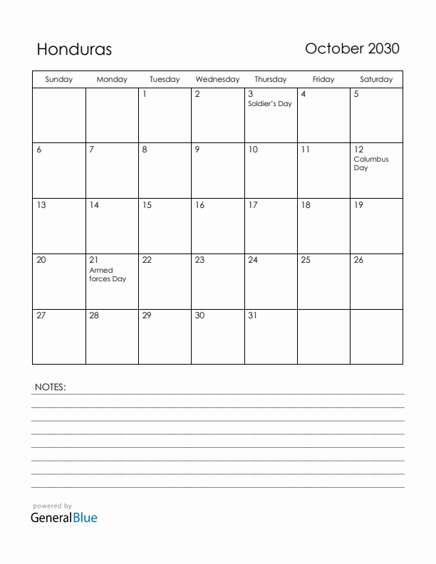 October 2030 Honduras Calendar with Holidays (Sunday Start)