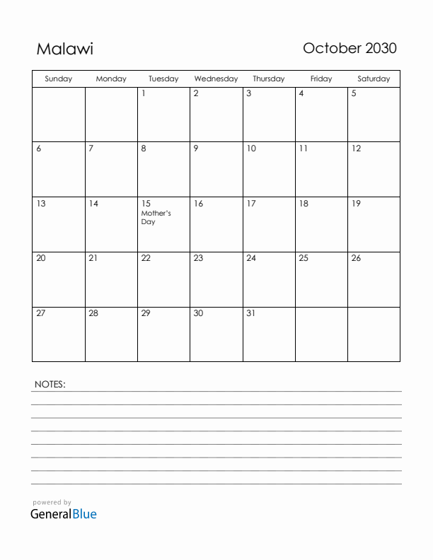 October 2030 Malawi Calendar with Holidays (Sunday Start)