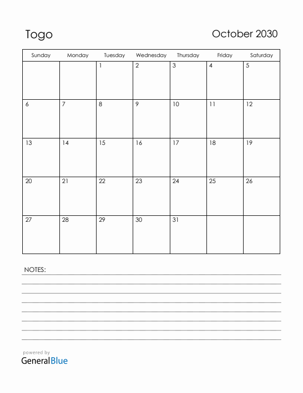 October 2030 Togo Calendar with Holidays (Sunday Start)