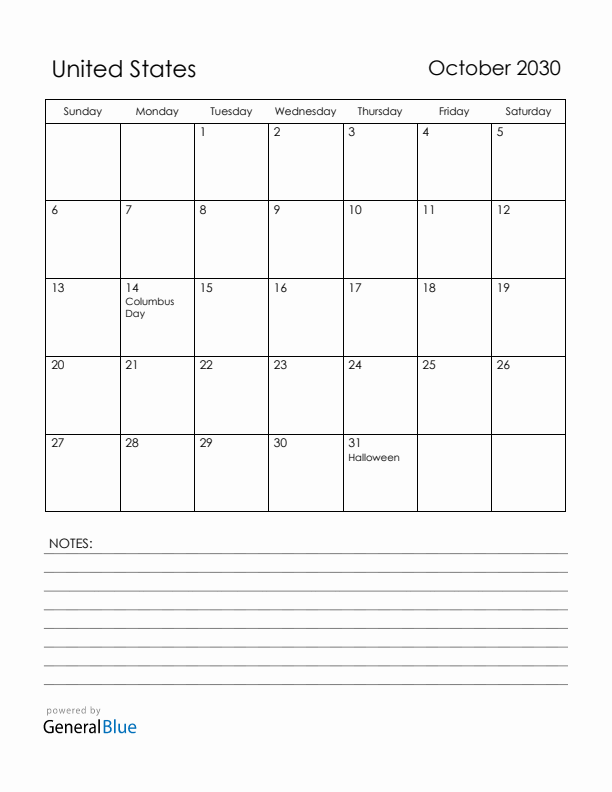 October 2030 United States Calendar with Holidays (Sunday Start)