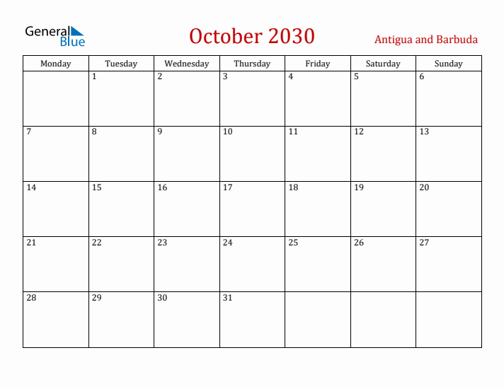 Antigua and Barbuda October 2030 Calendar - Monday Start