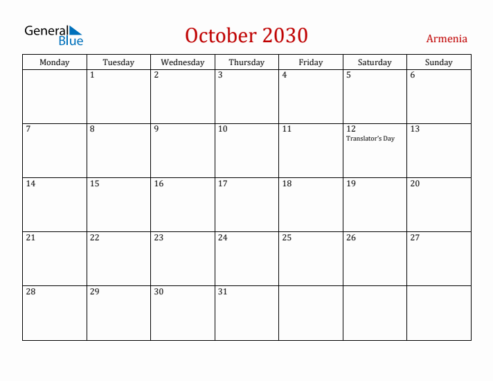Armenia October 2030 Calendar - Monday Start