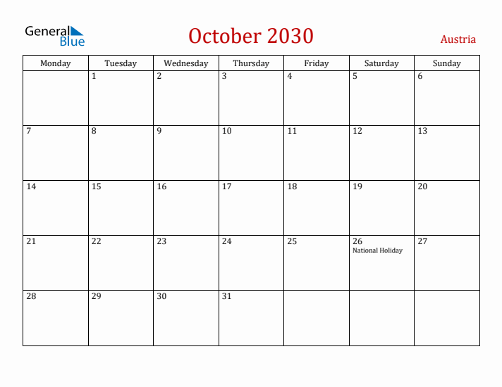 Austria October 2030 Calendar - Monday Start