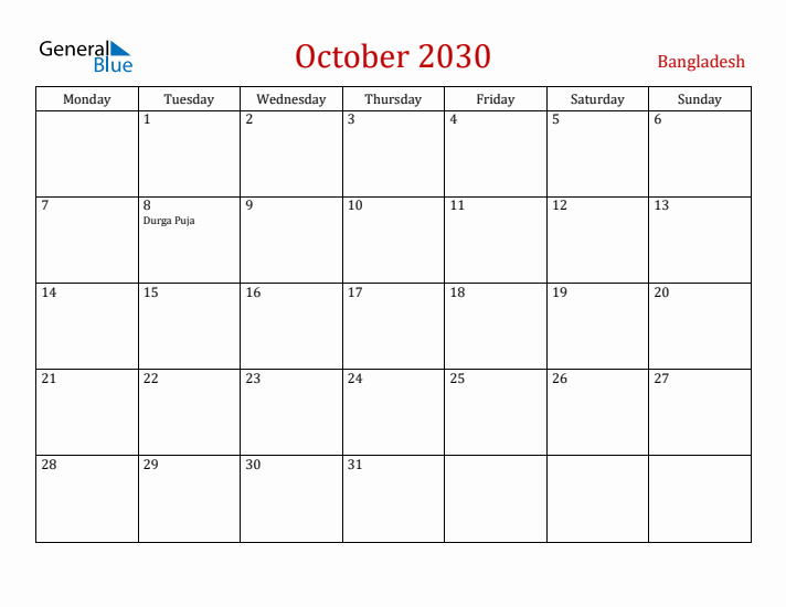 Bangladesh October 2030 Calendar - Monday Start