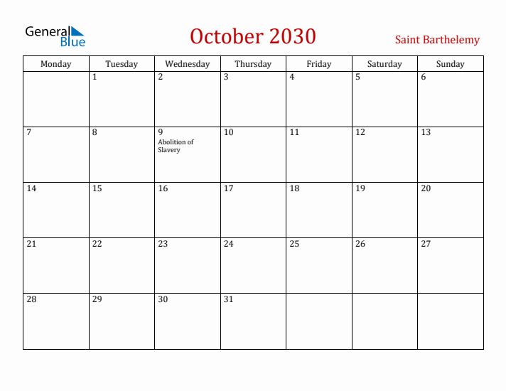 Saint Barthelemy October 2030 Calendar - Monday Start