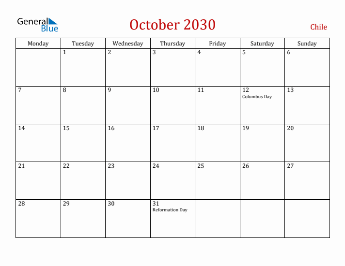 Chile October 2030 Calendar - Monday Start