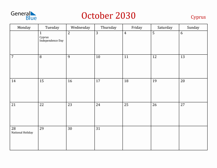 Cyprus October 2030 Calendar - Monday Start