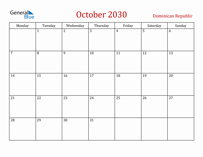 Dominican Republic October 2030 Calendar - Monday Start