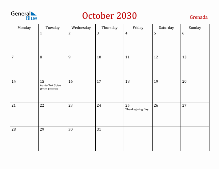 Grenada October 2030 Calendar - Monday Start