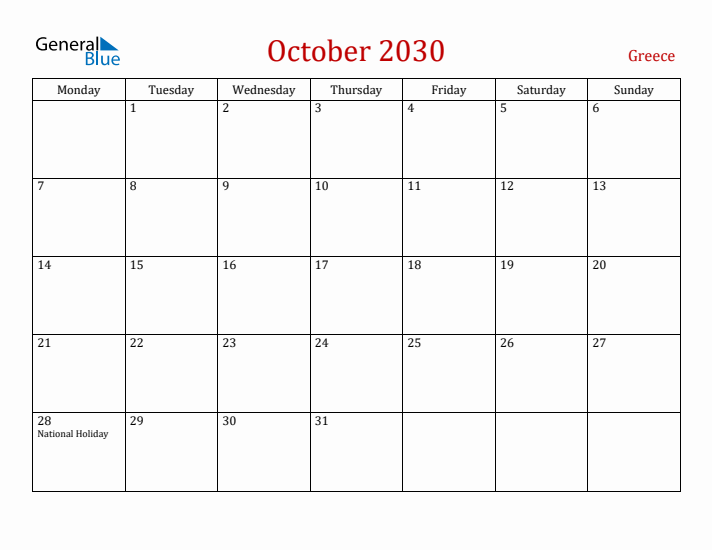 Greece October 2030 Calendar - Monday Start