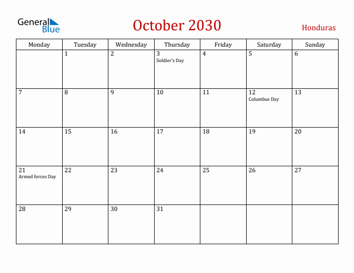 Honduras October 2030 Calendar - Monday Start
