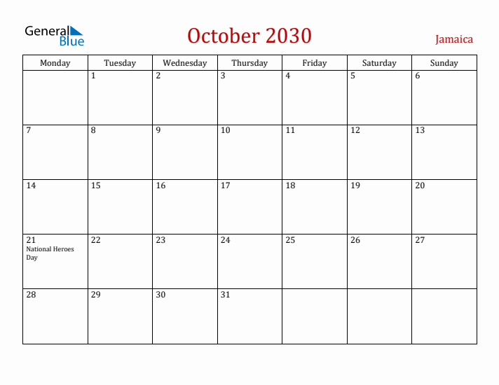 Jamaica October 2030 Calendar - Monday Start