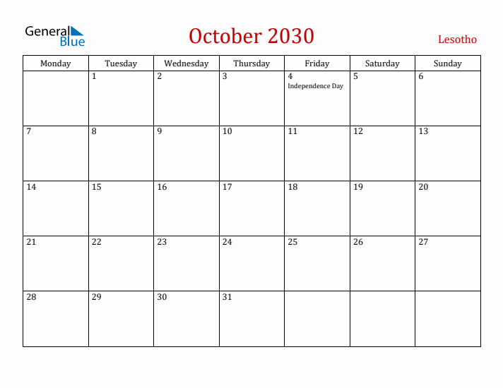 Lesotho October 2030 Calendar - Monday Start