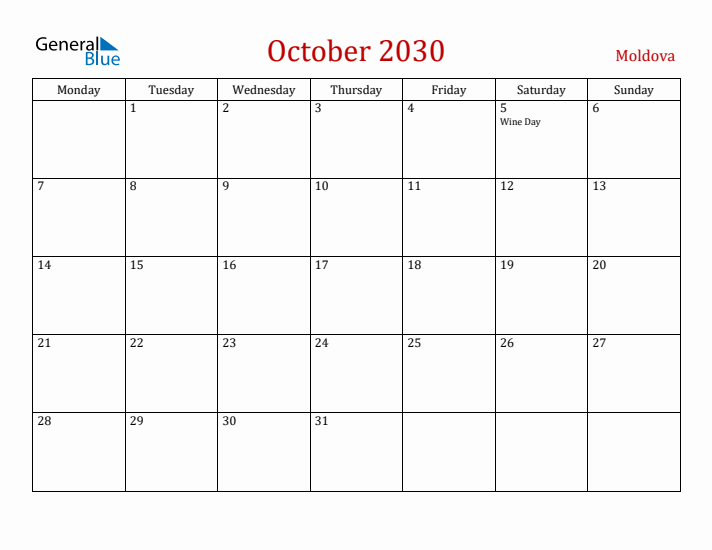Moldova October 2030 Calendar - Monday Start
