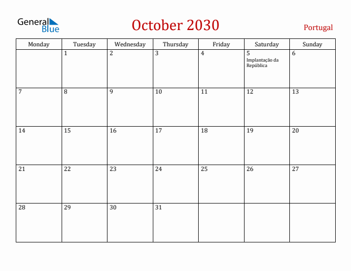 Portugal October 2030 Calendar - Monday Start