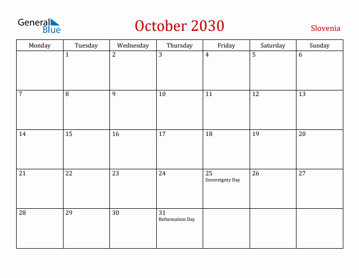 Slovenia October 2030 Calendar - Monday Start