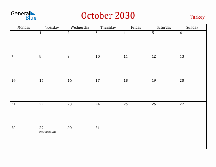 Turkey October 2030 Calendar - Monday Start