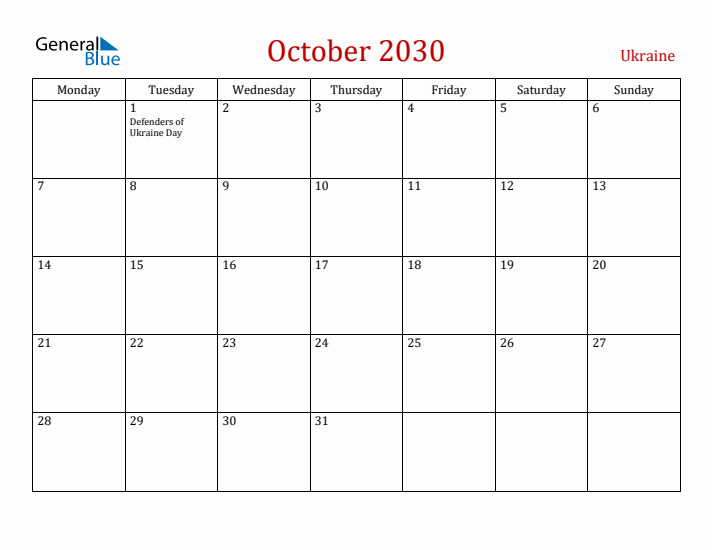 Ukraine October 2030 Calendar - Monday Start