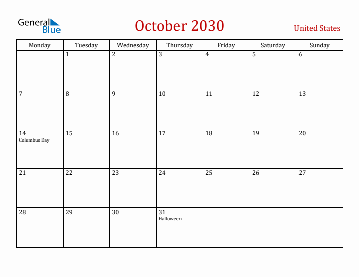 United States October 2030 Calendar - Monday Start