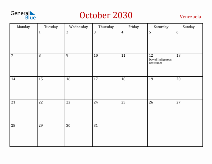Venezuela October 2030 Calendar - Monday Start